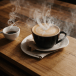 Close-up of a steaming coffee mug resting on a charming wooden surface.