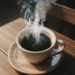 A tranquil coffee table setting with a steaming cup on wood.