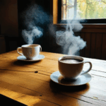 A steaming coffee cup on a wooden table sets the scene for coffee time relaxation.