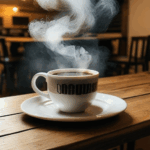 The delightful aroma of a steaming coffee cup on a wooden table promises cozy bliss.