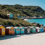 A row of colorful beach huts lined up along a sunny beach, showcasing vibrant colors and seaside charm.