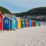 Colorful beach huts creating a picturesque coastal scene under the sun