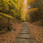 A path lined with colorful foliage, capturing the essence of autumn's beauty.