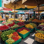 A colorful display of fresh fruits at a street market, offering a vibrant selection of produce for market-goers.