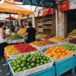 Display of colorful fruits at a lively market, showcasing a variety of fresh and exotic options.
