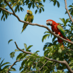 An exotic parrot with vivid feathers, sitting on a tree branch in its natural habitat.