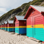 Colorful shoreline huts adding a splash of color to the beach scene