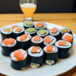 An artistic arrangement of sushi rolls showcasing vivid colors.