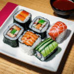 A colorful sushi platter showcasing diverse rolls with fresh ingredients and artistic presentation.
