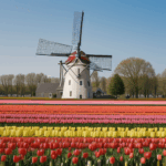 Colorful tulips bloom in front of a traditional windmill, creating a stunning contrast of natural hues and historic architecture.