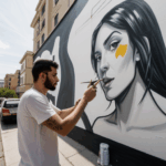 Vibrant wall mural depicting artistic expression in a city setting by a street artist.