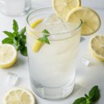 Refreshing citrus drink: lemonade with mint and ice cubes.