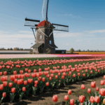 Rural charm is epitomized by a towering windmill amidst lush tulip fields, offering a glimpse into the iconic Dutch landscape.