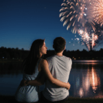 A couple embracing while watching a breathtaking fireworks display.