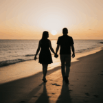 Romantic couple enjoying a sunset walk in serene surroundings.