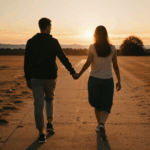 Sunset romance experienced by a couple on a walk.