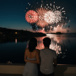 A couple enjoying a vibrant fireworks display, sharing a romantic moment under the night sky.