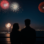 A couple stands under a night sky, watching vibrant fireworks burst overhead, creating a romantic and memorable moment.