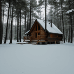A cozy cabin nestled in a snowy forest, surrounded by tall trees.