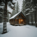 A cozy cabin surrounded by a snowy forest, offering a peaceful retreat.