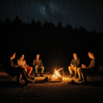 A serene campfire scene with friends in the evening.