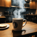A steaming cup adorns a wooden table, capturing the essence of cozy coffee moments.