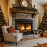 A cozy fireplace scene with flickering flames and comfy seating, creating a warm atmosphere.