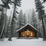 Cozy woodland cabin set in a picturesque snow-covered forest.