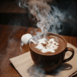 Rich and creamy hot cocoa in a mug, topped with whipped cream and chocolate shavings.