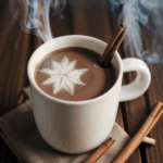 Creamy hot cocoa in a mug, with a swirl of cream and a sprinkle of cinnamon for a perfect winter treat.