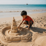 Kids creatively constructing sandcastles at the seaside, showcasing teamwork and imagination.