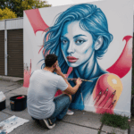 A street artist working on a large-scale wall mural in an urban environment.