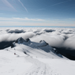 Experience the crisp mountain air with a stunning snowy peak rising above the clouds, capturing the essence of serenity.