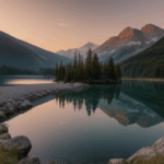Crystal-clear mountain lake waters reflecting the vibrant colors of a sunrise sky, framed by rugged peaks and serene natural beauty.