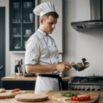 Culinary arts in action with a chef preparing a gourmet meal in a bustling kitchen.