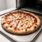 A culinary delight of oven baked pizza with a golden brown crust and fresh toppings