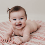 A curious infant crawling and smiling on a cozy blanket.