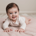 A cute baby enjoying playtime on a cozy, soft blanket.