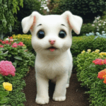 A cute puppy happily playing in a lush garden, enjoying nature's beauty.