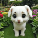 A cute puppy joyfully playing in a lush, colorful garden, embodying happiness and playfulness.