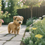 A cute puppy joyfully playing in a garden, surrounded by colorful flowers and greenery, embodying sheer happiness.