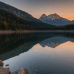 Dawn at a mountain lake, where the serene waters mirror the soft colors of the morning sky, offering a tranquil and awe-inspiring landscape.