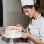 Decorating a cake with fresh flowers for a natural and elegant look.