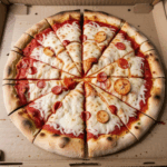 A delicious pizza fresh out of the oven with bubbling cheese and vibrant toppings