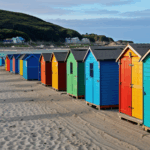 Delightfully colorful beach huts creating a cheerful seaside scene