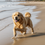 A dog energetically running through sand, embodying freedom and happiness on a sunny beach.