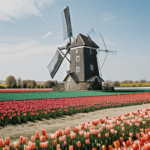 Dutch landscape featuring traditional windmills and lush tulip fields, offering a breathtaking view of nature and heritage.