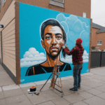 An expressive mural painting being crafted by a street artist in a lively urban area.