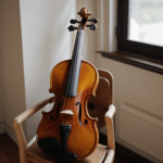 A beautifully arranged violin on a wooden chair, ideal for artistic inspiration.