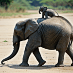 A protective mother elephant bonding with her playful calf in nature.